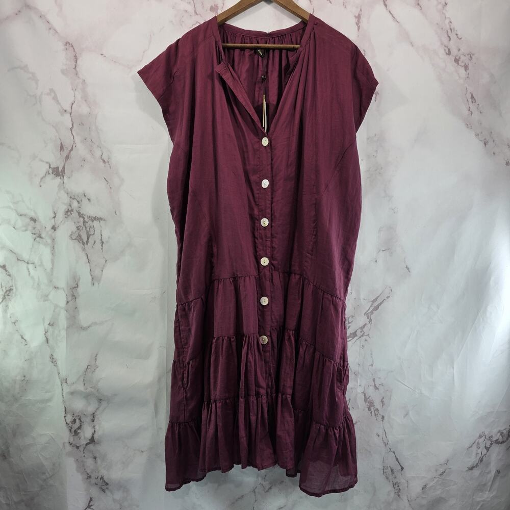 Erika Pena Dress Womens Maroon Burgundy Peasant Drop Waist Tiered Button